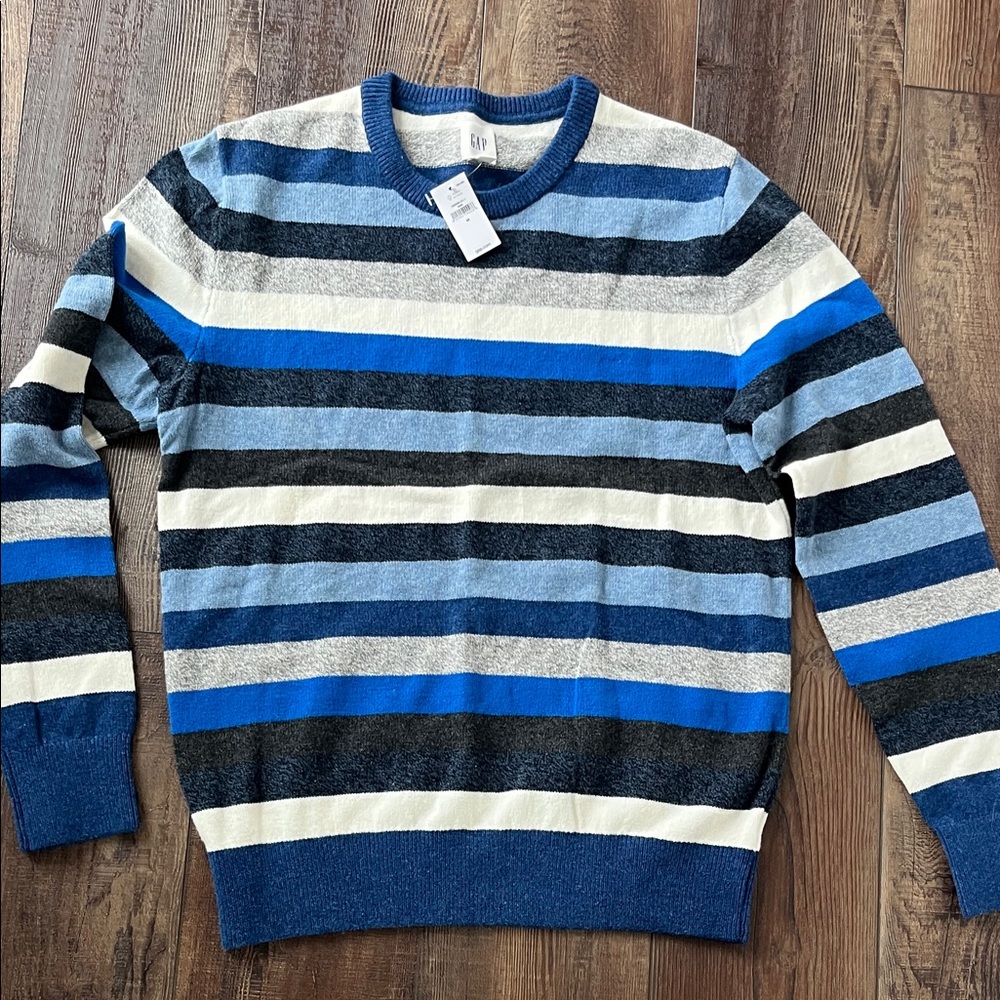 GAP Men's Blue Striped Crewneck Sweater